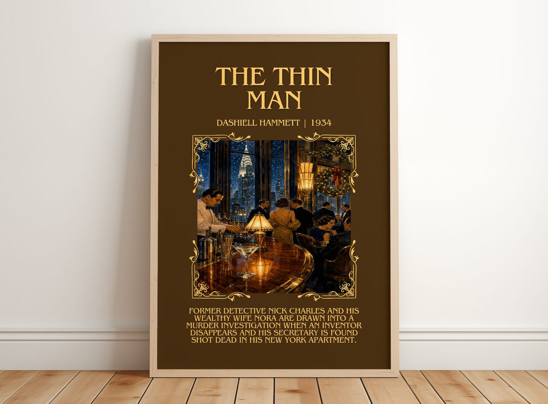 The Thin Man Minimalist Book Poster by Dashiell Hammett – framed print leaning on a wooden floor