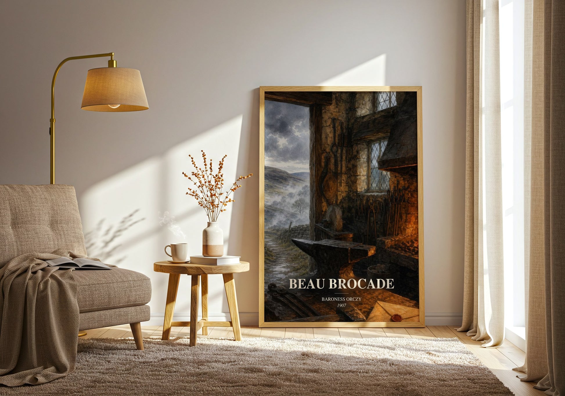 Beau Brocade watercolour print in frame leaning in hallway – historical fiction wall art