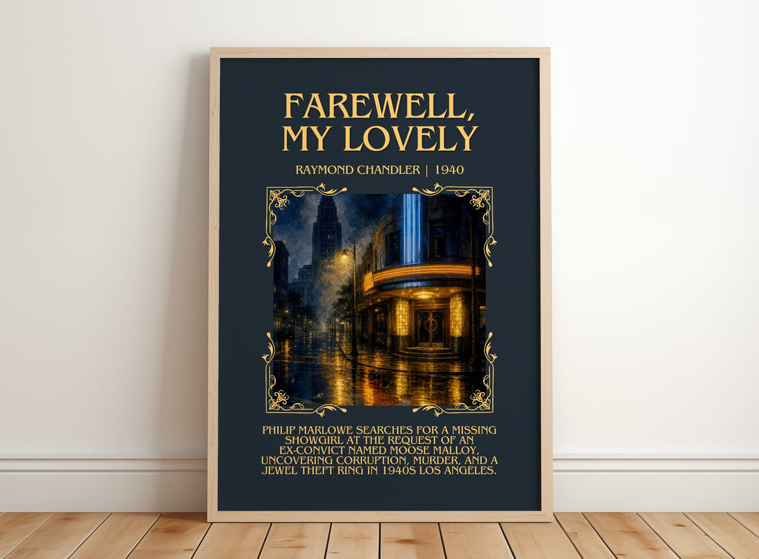 Farewell, My Lovely Minimalist Book Poster by Raymond Chandler – framed print leaning on a wooden floor