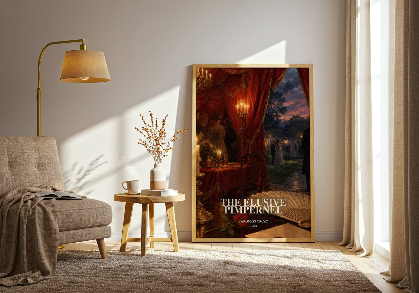 The Elusive Pimpernel watercolour print in frame leaning in hallway – historical fiction wall art