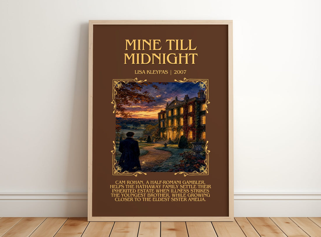 Mine Till Midnight Minimalist Book Poster by Lisa Kleypas – framed print leaning on a wooden floor