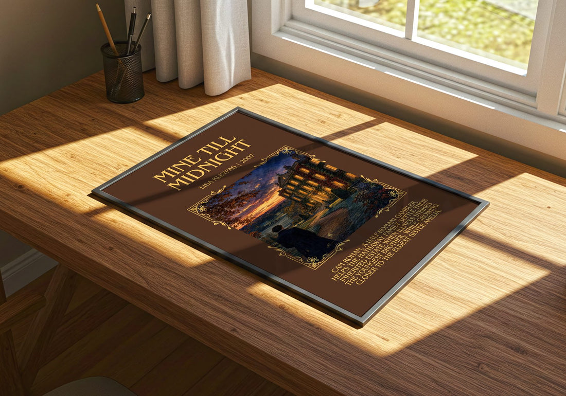 Mine Till Midnight Minimalist Book Poster by Lisa Kleypas – print on a sunlit desk