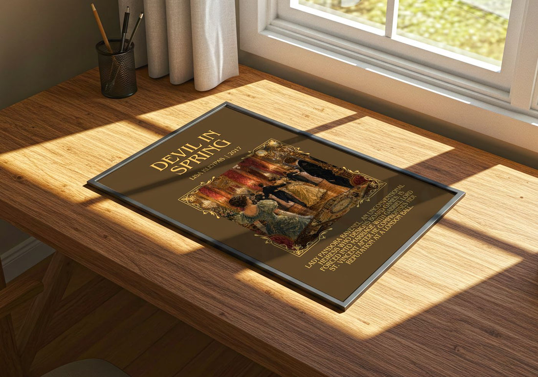 Devil in Spring Minimalist Book Poster by Lisa Kleypas – print on a sunlit desk