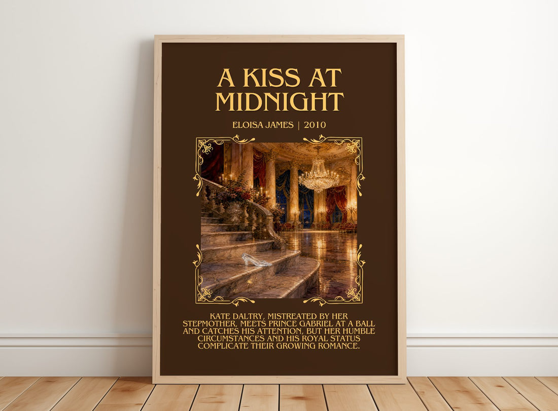 A Kiss at Midnight Minimalist Book Poster by Eloisa James – framed print leaning on a wooden floor