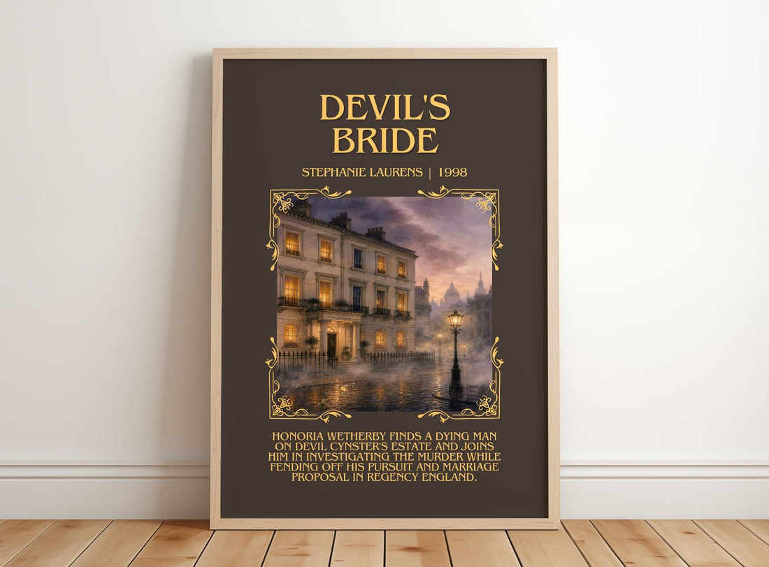 Devil's Bride Minimalist Book Poster by Stephanie Laurens – framed print leaning on a wooden floor