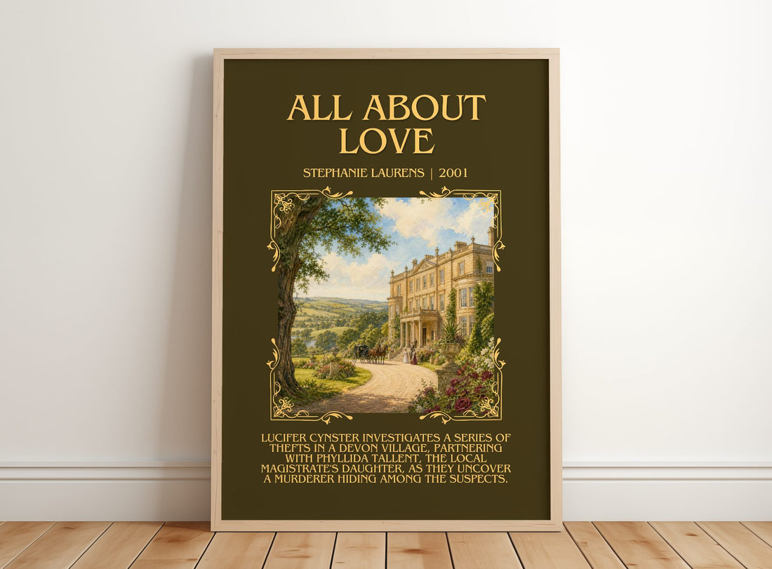 All About Love Minimalist Book Poster by Stephanie Laurens – framed print leaning on a wooden floor