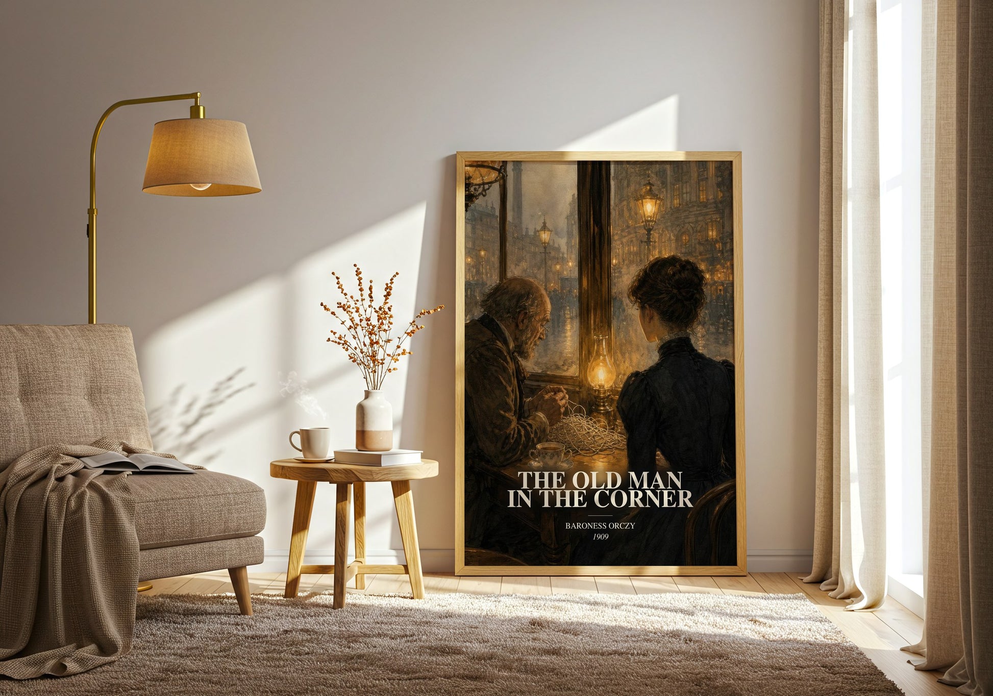 The Old Man In The Corner watercolour print in frame leaning in hallway – mystery wall art