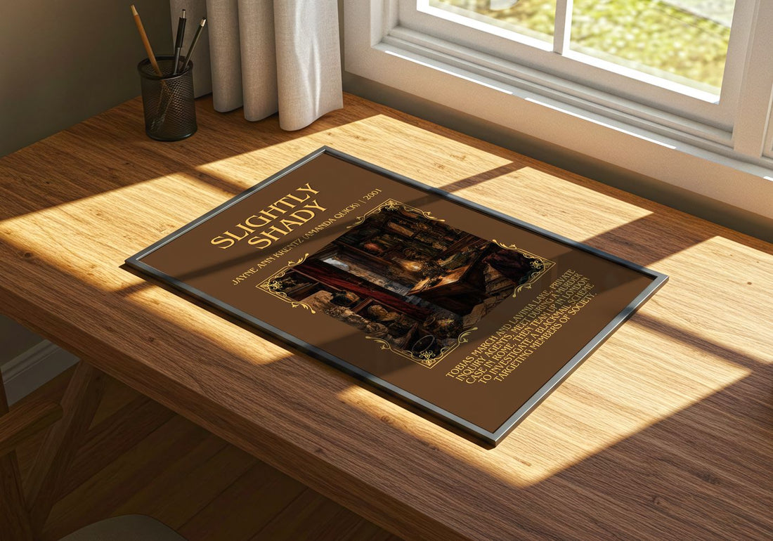 Slightly Shady Minimalist Book Poster by J. Quick) – print on a sunlit desk