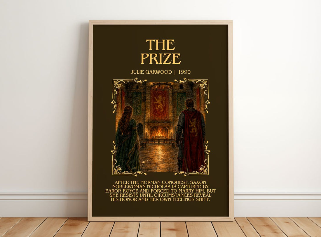The Prize Minimalist Book Poster by Julie Garwood – framed print leaning on a wooden floor