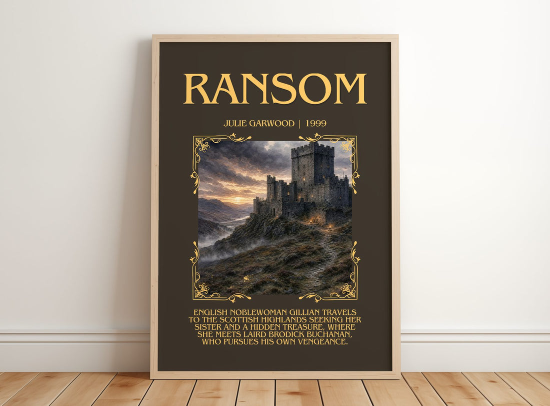 Ransom Minimalist Book Poster by Julie Garwood – framed print leaning on a wooden floor