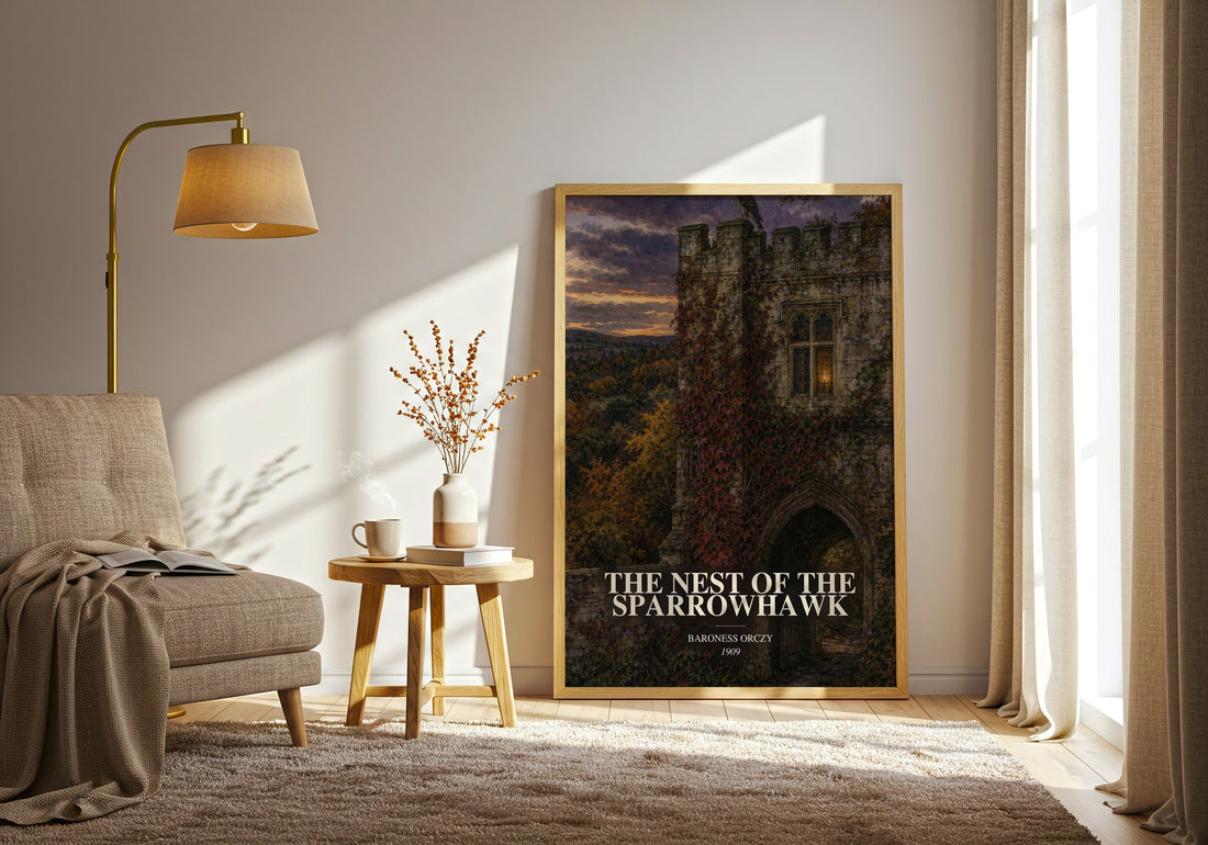 The Nest Of The Sparrowhawk watercolour print in frame leaning in hallway – historical fiction wall art (mockup)
