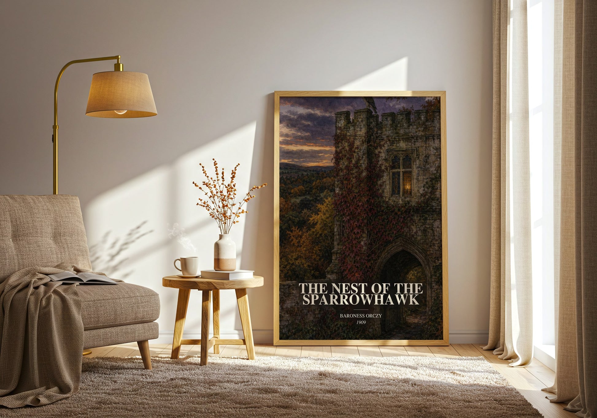 The Nest Of The Sparrowhawk watercolour print in frame leaning in hallway – historical fiction wall art