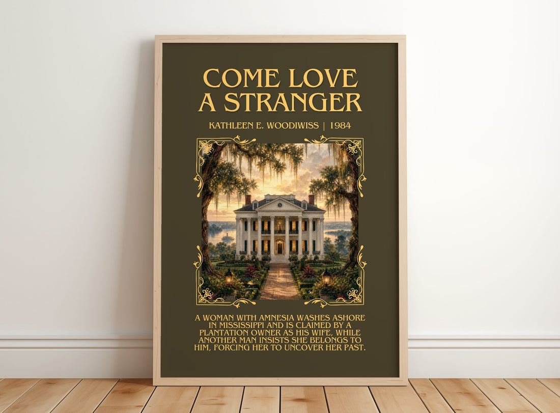 Come Love a Stranger Minimalist Book Poster by Kathleen E. Woodiwiss – framed print leaning on a wooden floor