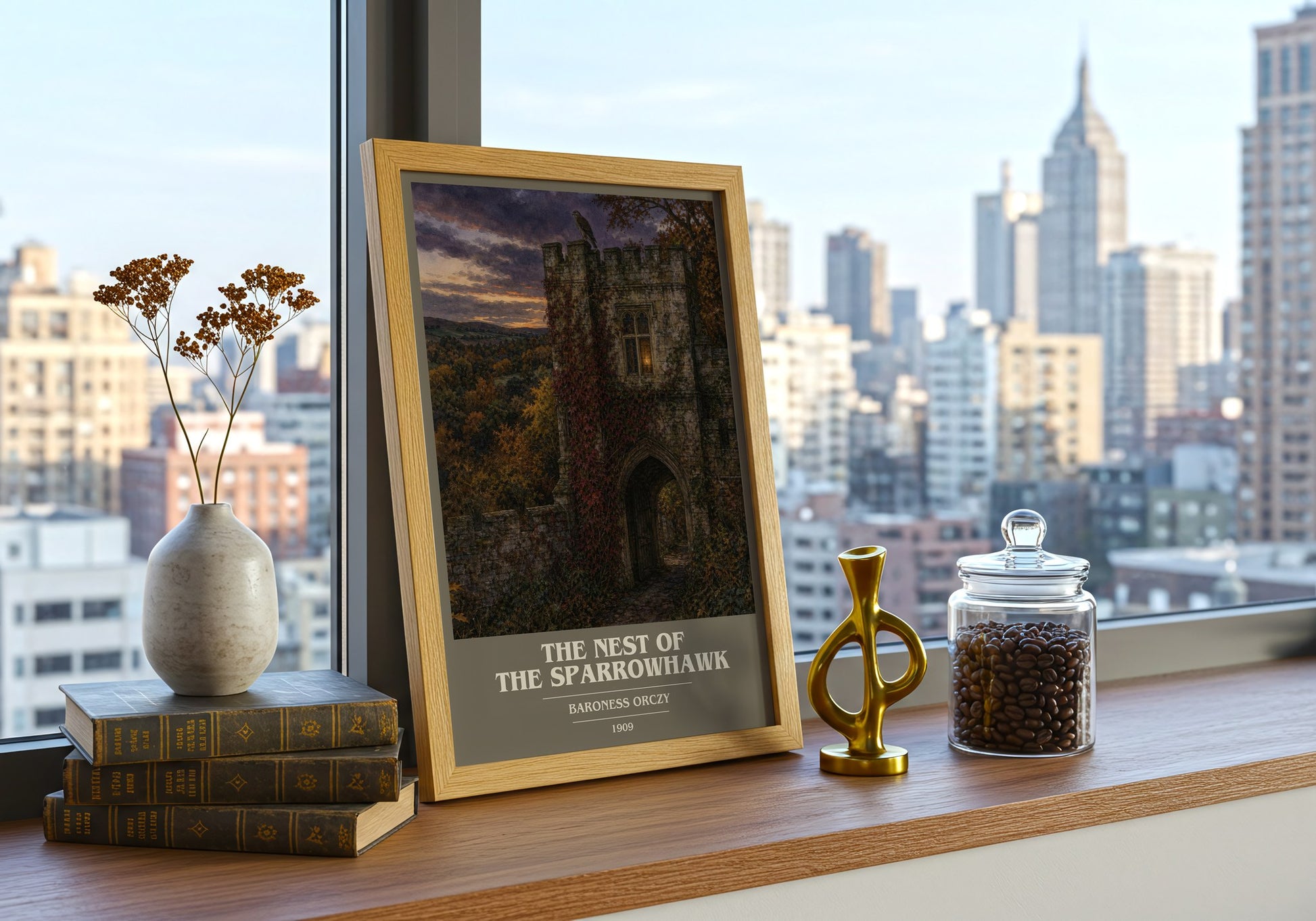 The Nest Of The Sparrowhawk book cover print framed by window – literary home decor