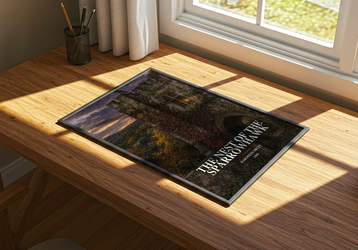 The Nest Of The Sparrowhawk watercolour book poster framed on wall – historical fiction wall art