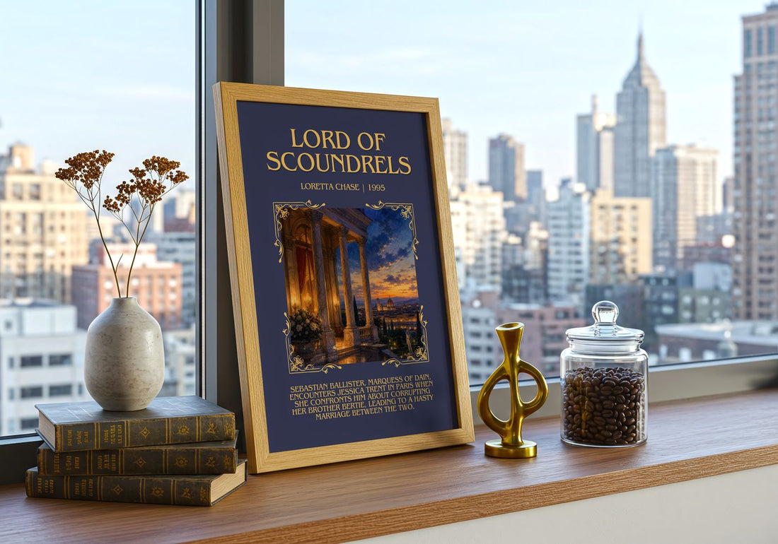 Lord of Scoundrels Minimalist Book Poster by Loretta Chase – framed print on a city-view windowsill