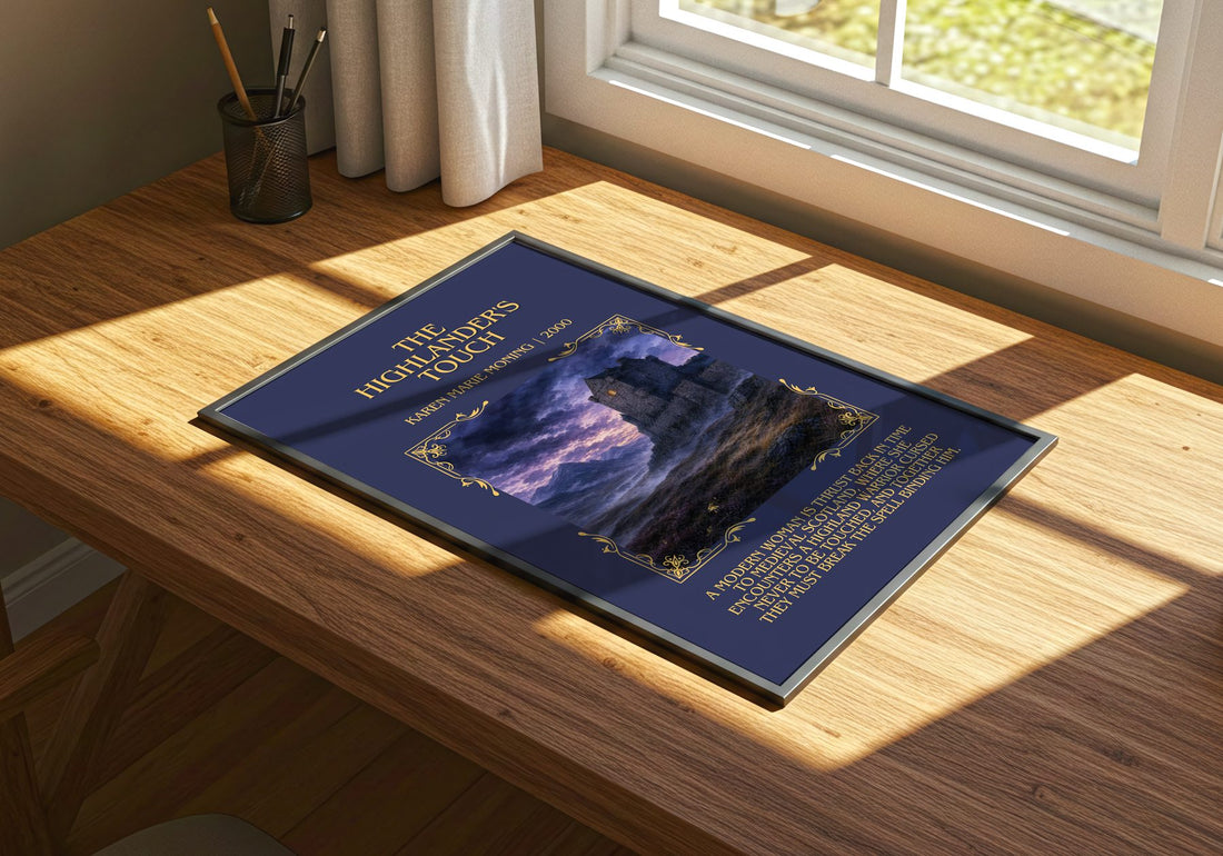 The Highlander's Touch Minimalist Book Poster by Karen Marie Moning – print on a sunlit desk