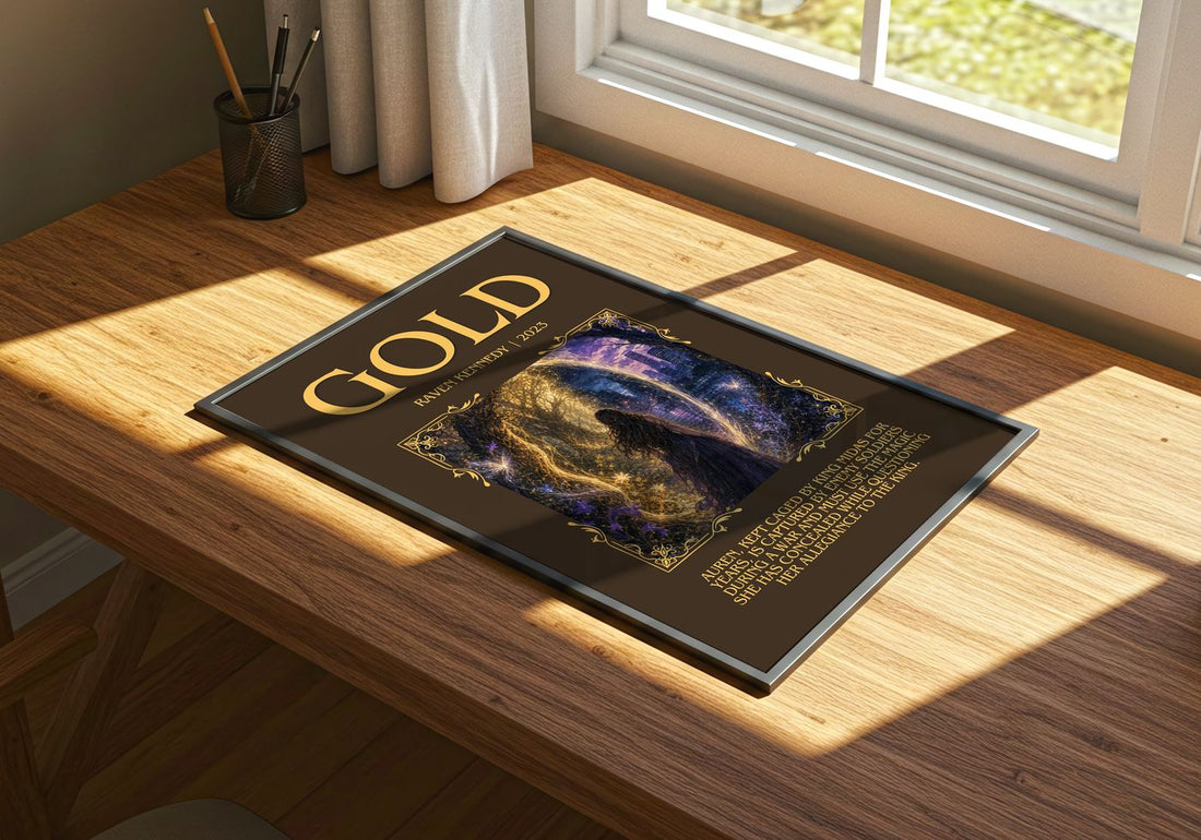 Gold Minimalist Book Poster by Raven Kennedy – print on a sunlit desk