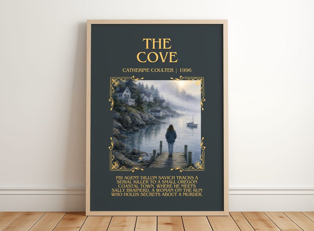 The Cove Minimalist Book Poster by Catherine Coulter – framed print leaning on a wooden floor