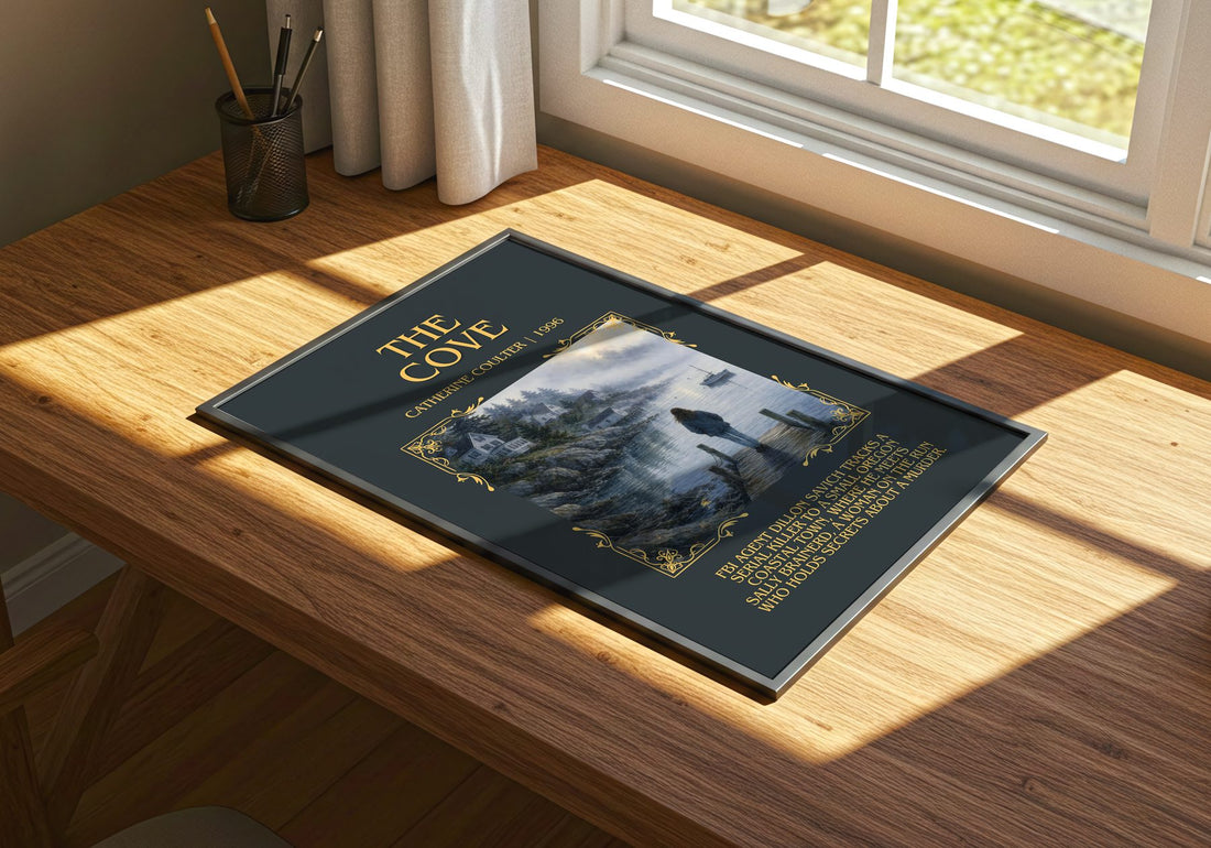 The Cove Minimalist Book Poster by Catherine Coulter – print on a sunlit desk