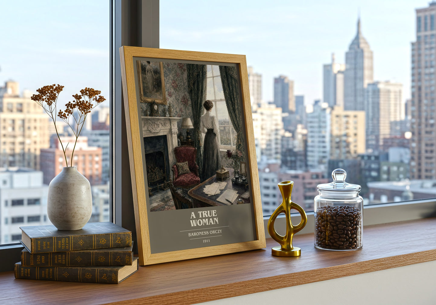 A True Woman book cover print framed by window – literary home decor