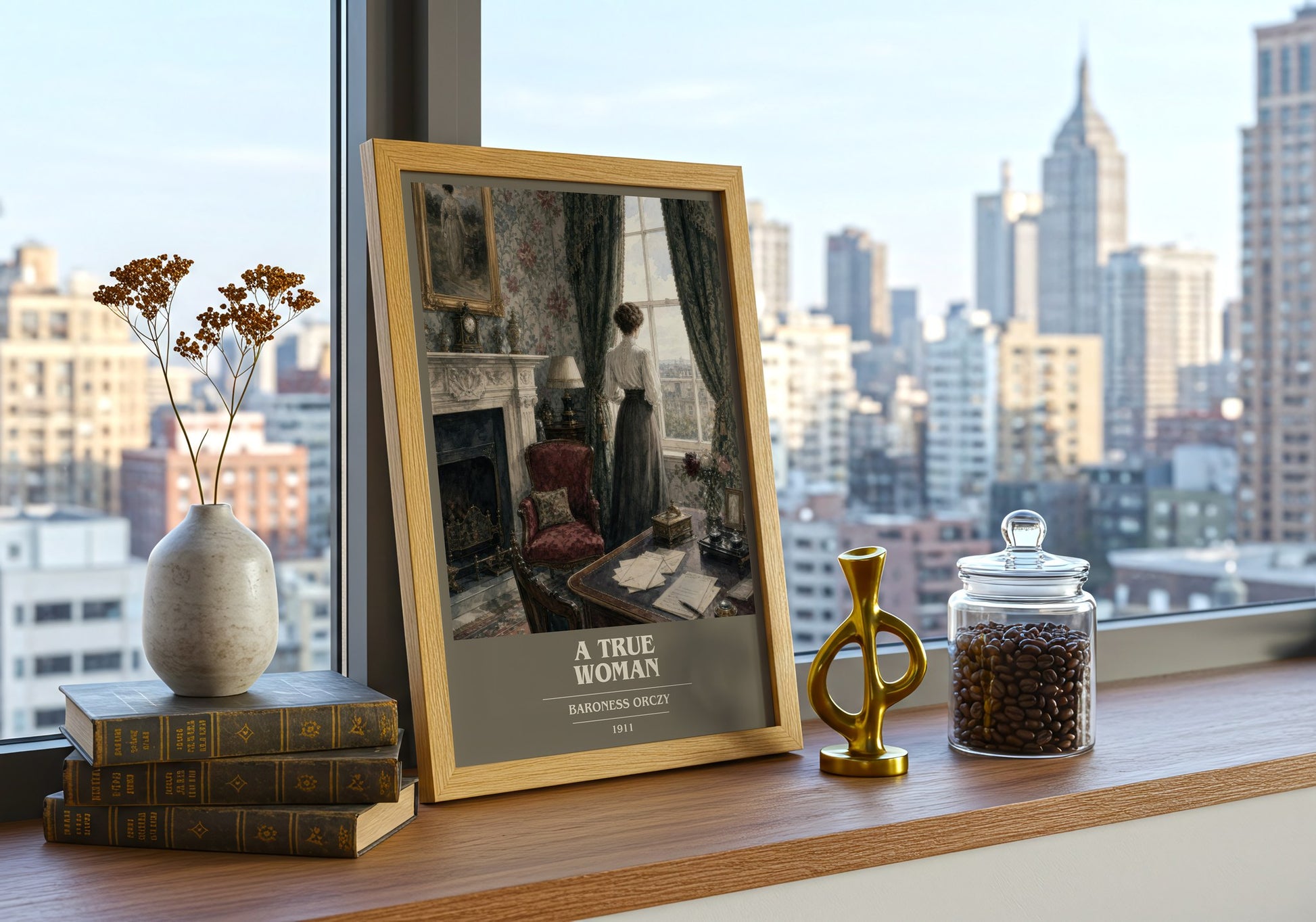A True Woman book cover print framed by window – literary home decor