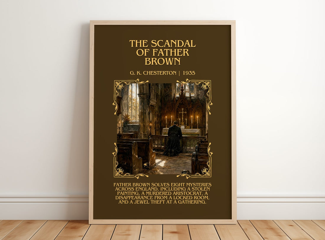 The Scandal of Father Brown Minimalist Book Poster by G. K. Chesterton – framed print leaning on a wooden floor