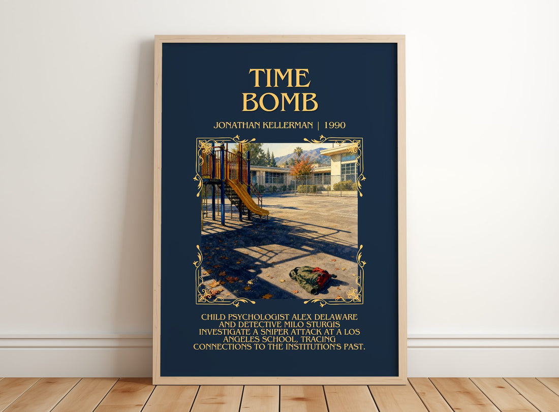 Time Bomb Minimalist Book Poster by Jonathan Kellerman – framed print leaning on a wooden floor