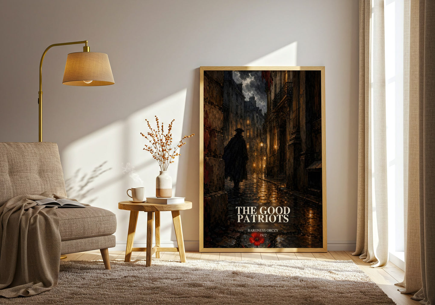 The Good Patriots watercolour print in frame leaning in hallway – historical fiction wall art
