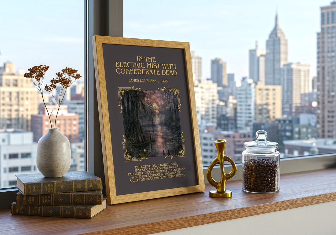 In the Electric Mist with Confederate Dead Minimalist Book Poster – – framed print on a city-view windowsill