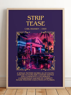 Strip Tease Minimalist Book Poster by Carl Hiaasen – framed print leaning on a wooden floor
