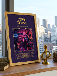 Strip Tease Minimalist Book Poster by Carl Hiaasen – framed print on a city-view windowsill