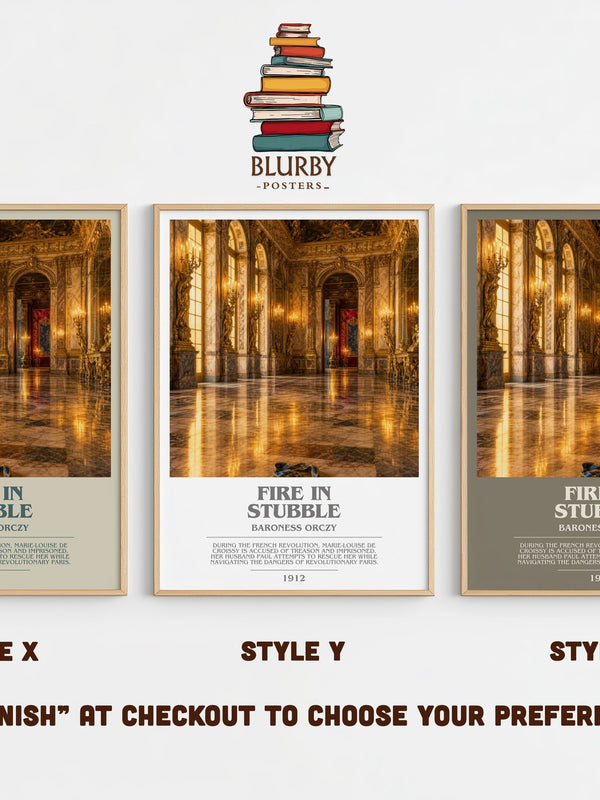 Fire In Stubble bookish print in frame leaning in hallway – historical fiction wall art
