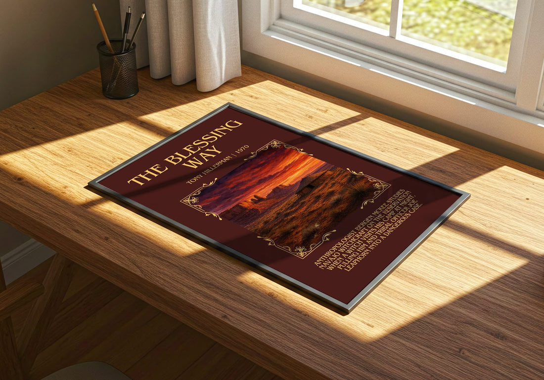 The Blessing Way Minimalist Book Poster by Tony Hillerman – print on a sunlit desk