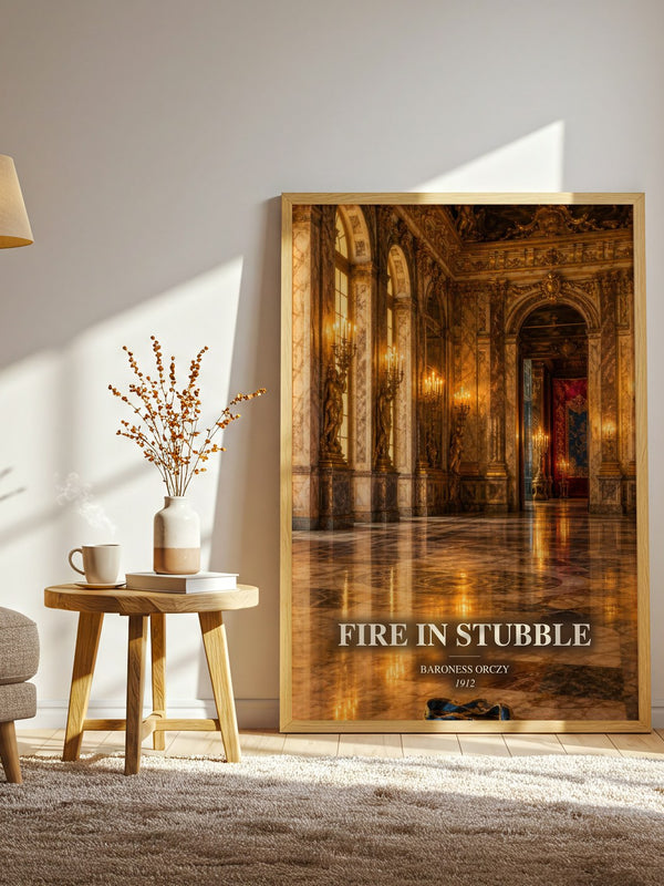 Fire In Stubble watercolour print in frame leaning in hallway – historical fiction wall art