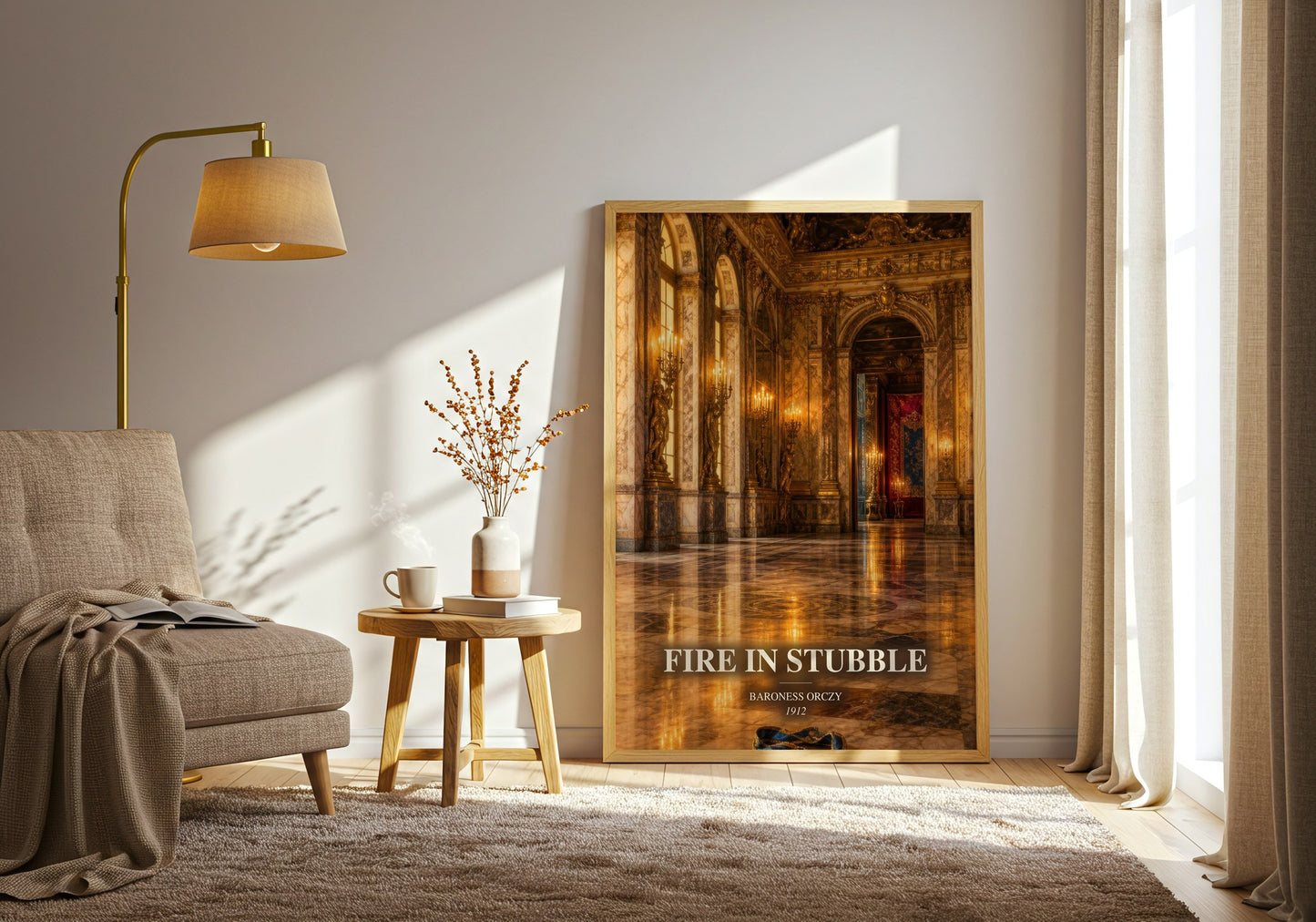 Fire In Stubble watercolour print in frame leaning in hallway – historical fiction wall art