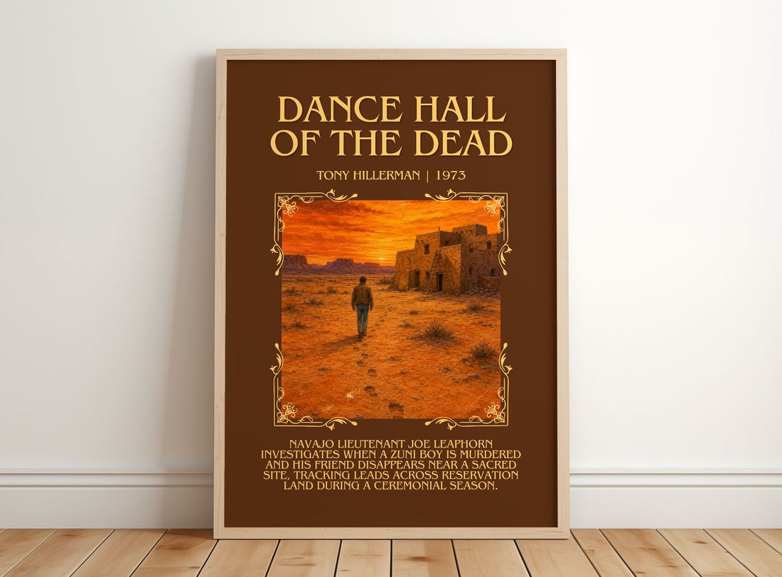 Dance Hall of the Dead Minimalist Book Poster by Tony Hillerman – framed print leaning on a wooden floor