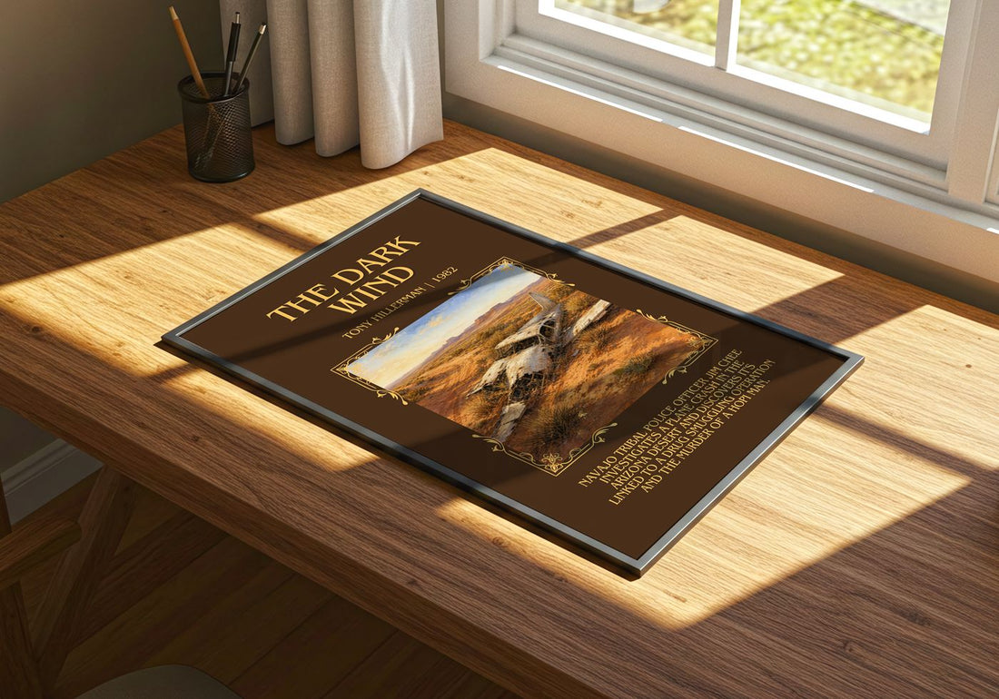 The Dark Wind Minimalist Book Poster by Tony Hillerman – print on a sunlit desk