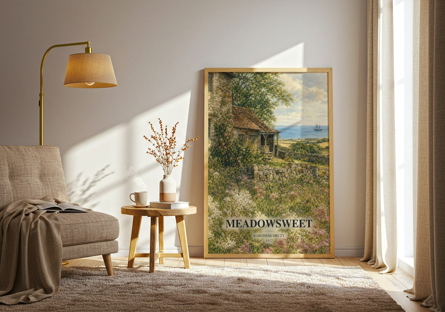 Meadowsweet watercolour print in frame leaning in hallway – romance wall art