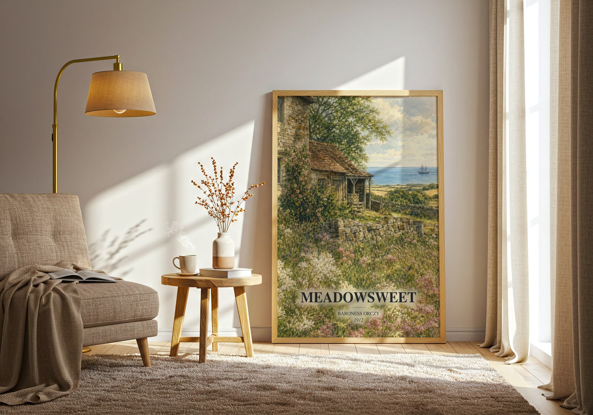 Meadowsweet watercolour print in frame leaning in hallway – romance wall art