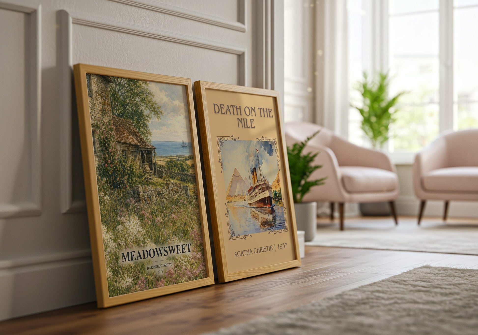 Meadowsweet watercolour print framed by window – literary home decor