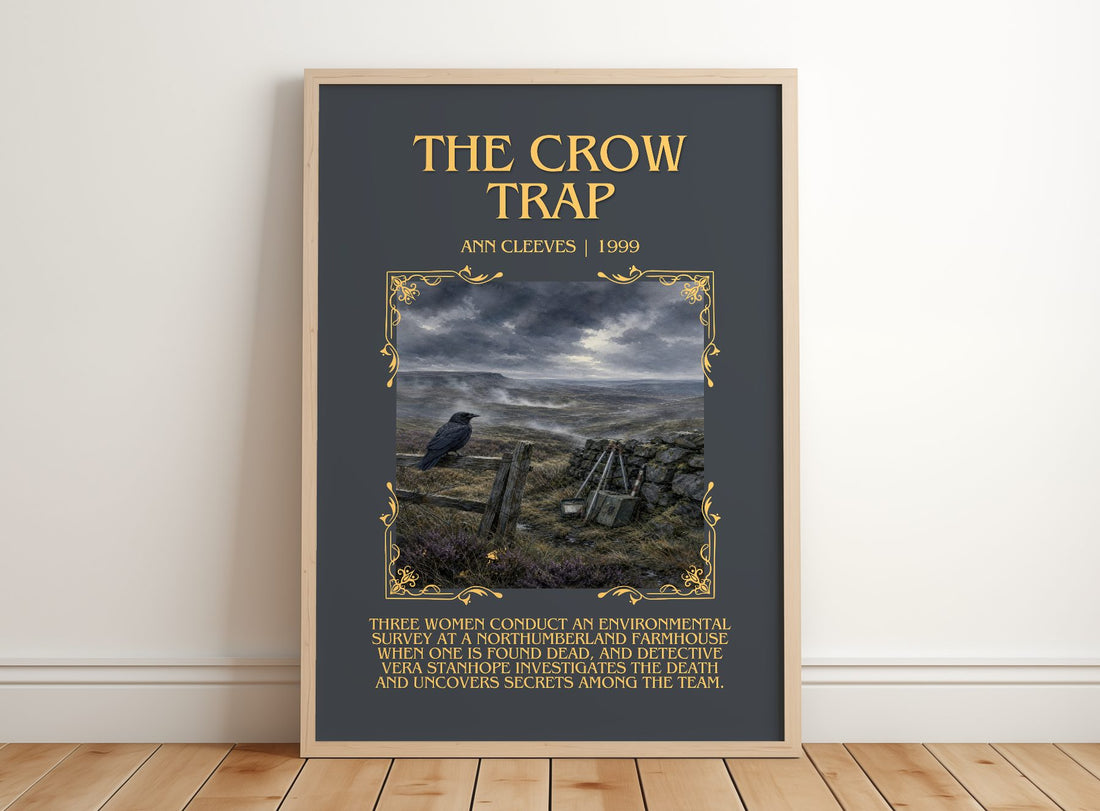 The Crow Trap Minimalist Book Poster by Ann Cleeves – framed print leaning on a wooden floor