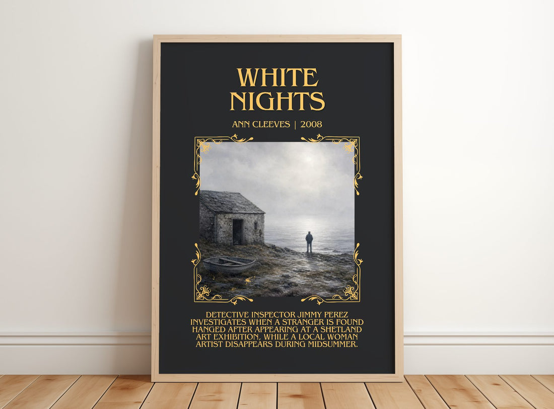 White Nights Minimalist Book Poster by Ann Cleeves – framed print leaning on a wooden floor