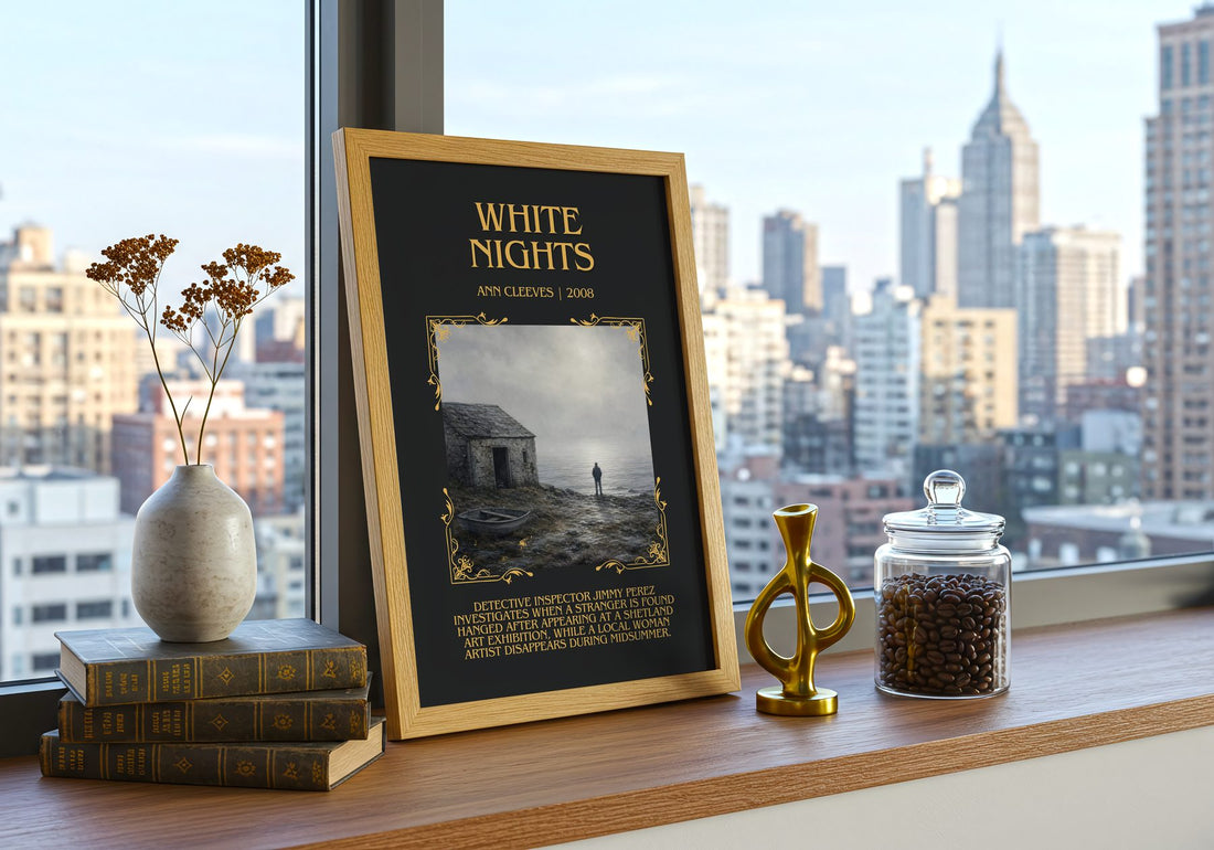 White Nights Minimalist Book Poster by Ann Cleeves – framed print on a city-view windowsill