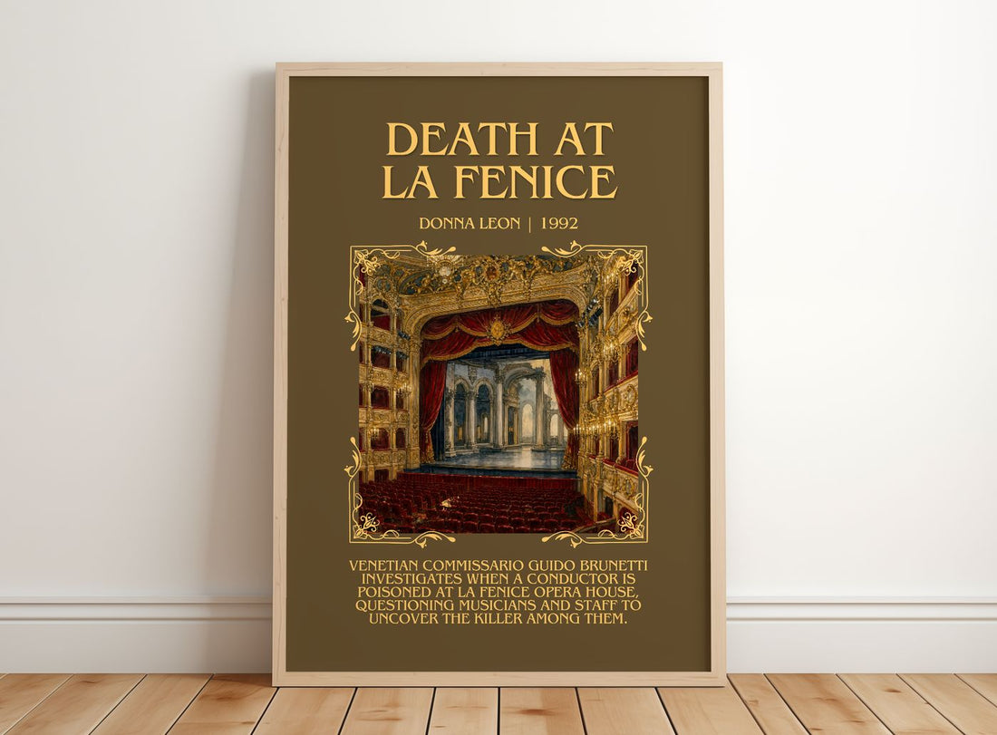 Death at La Fenice Minimalist Book Poster by Donna Leon – framed print leaning on a wooden floor