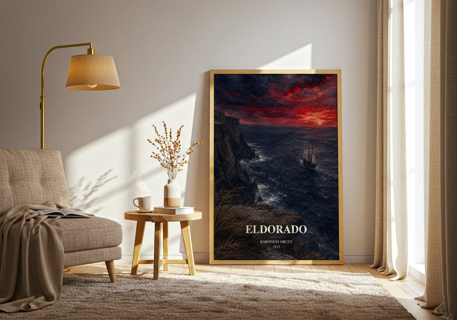 Eldorado watercolour print in frame leaning in hallway – historical fiction wall art