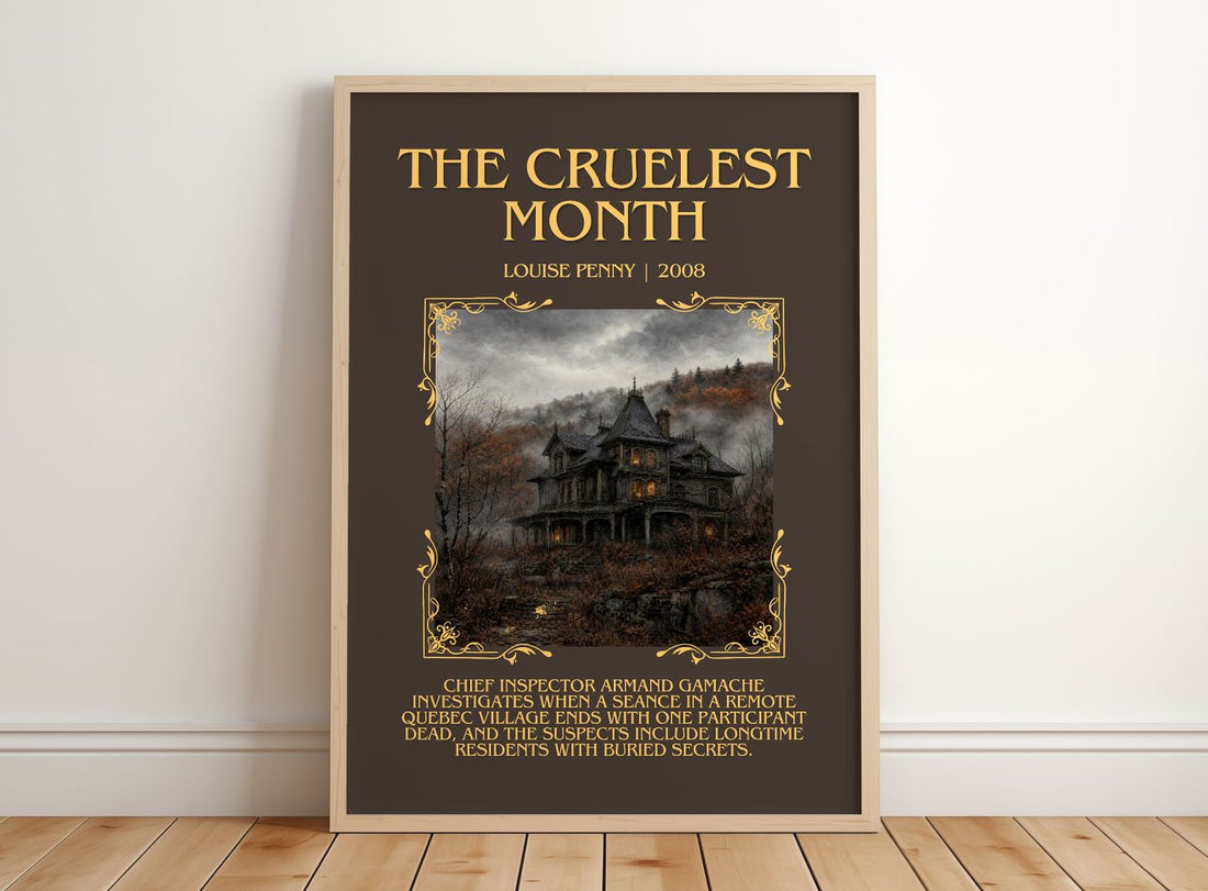 The Cruelest Month Minimalist Book Poster by Louise Penny – framed print leaning on a wooden floor