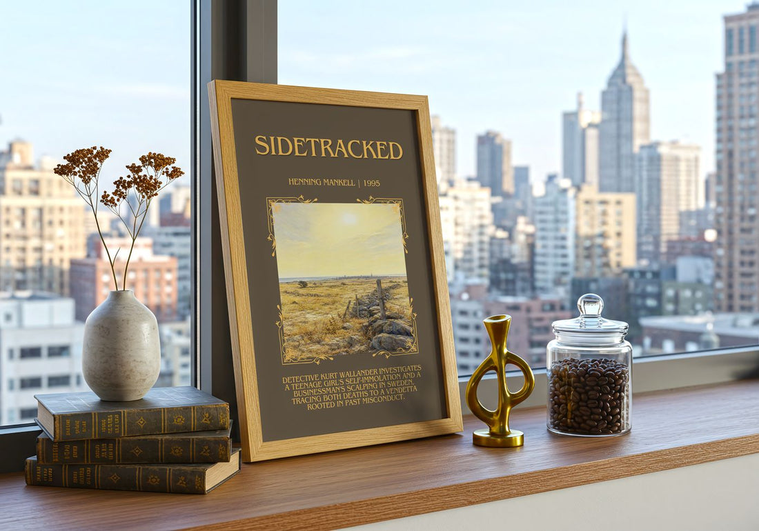 Sidetracked Minimalist Book Poster by Henning Mankell – framed print on a city-view windowsill