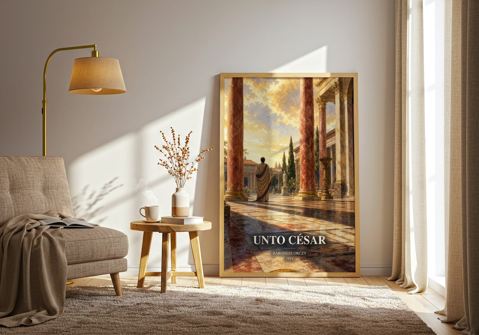 Unto César watercolour print in frame leaning in hallway – historical fiction wall art
