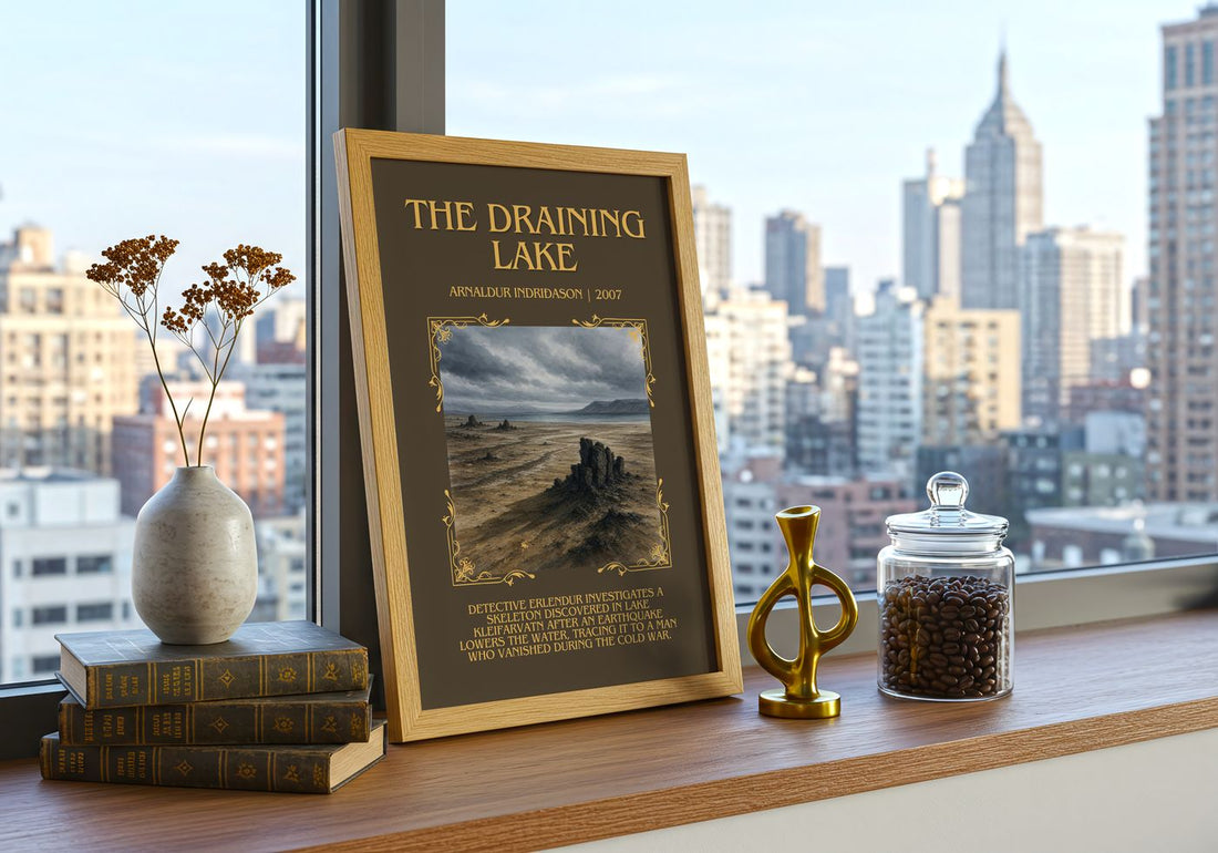 The Draining Lake Minimalist Book Poster by Arnaldur Indriðason – framed print on a city-view windowsill